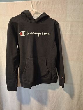 Champion Black Hoodie with White Script and Red Logo Accent